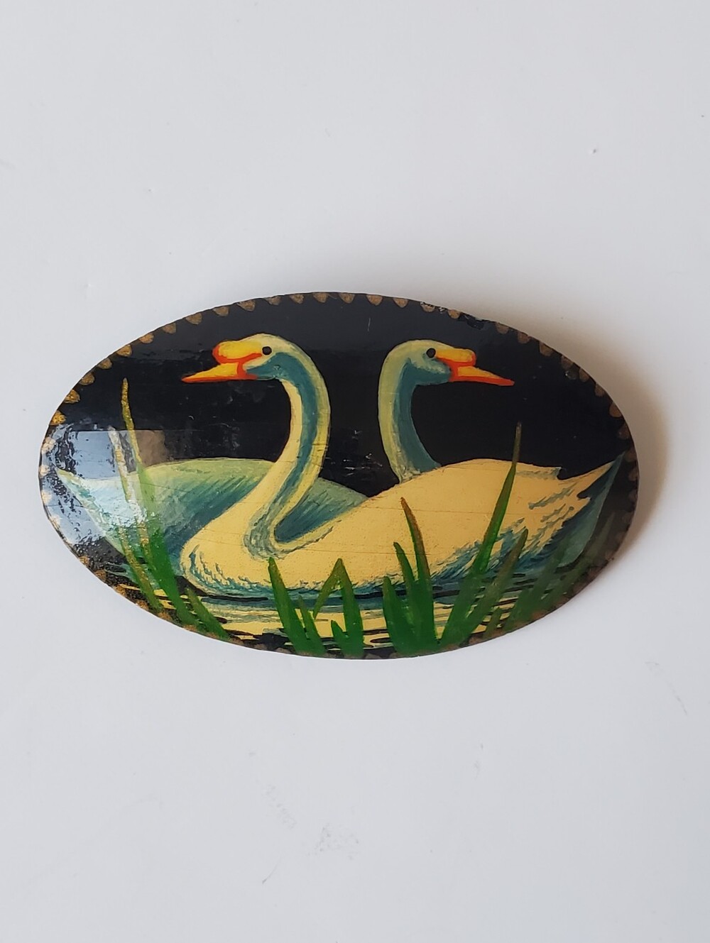 Vintage Signed Russian Lacquer Brooch Pin Hand Painted Swans Folk Art